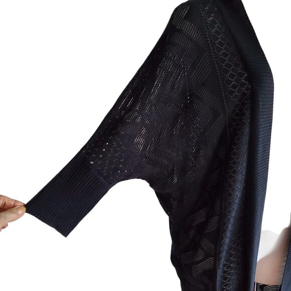 Longline Kimono Style Sleeve Open Cardigan Open Weave Black Size S - Picture 3 of 16